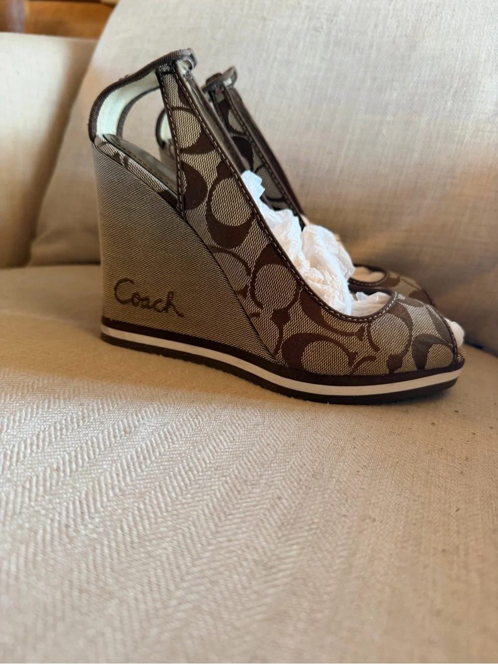 Coach Signature Khaki Wedge Shoes Size 7